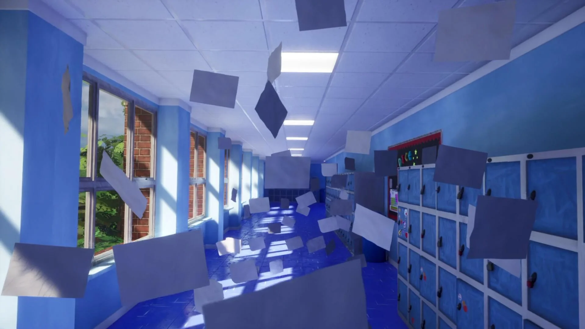 Blue school corridor filled with suspended sheets of paper