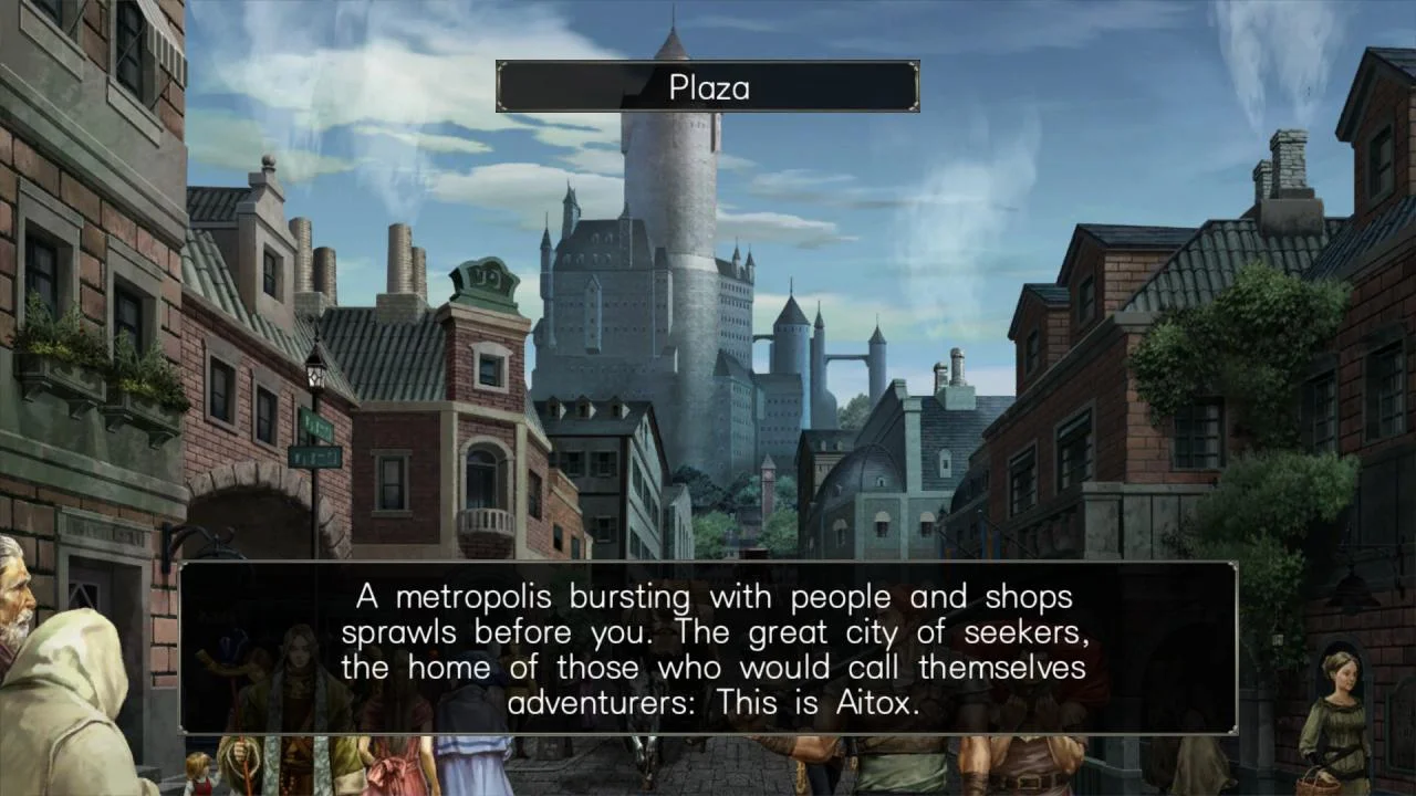 A town square with a dialogue box about a metropolis.