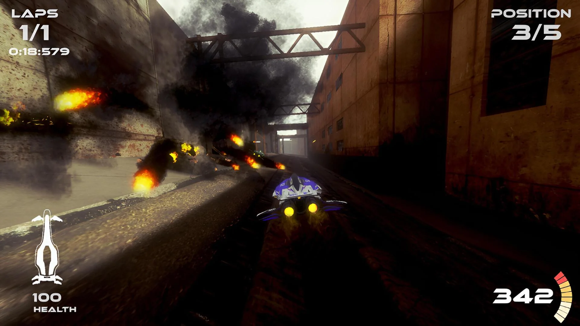 Blue and white ship in a smoky industrial canyon with explosions, health at 100 and speed at 342