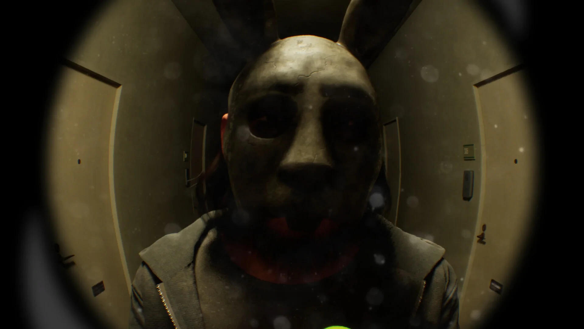 Fisheye hallway: cracked rabbit mask, green chest glow, door 35, intercoms both walls