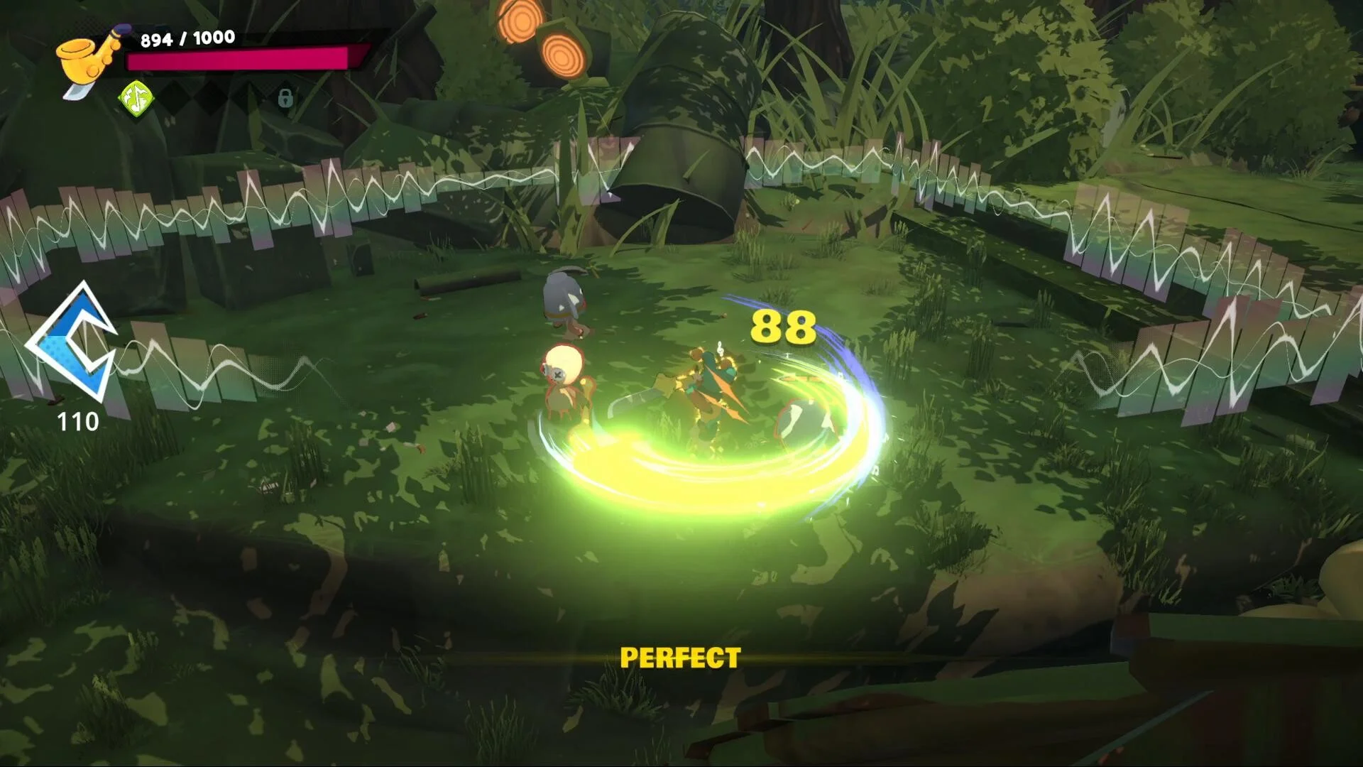Green circular slash, yellow 88, timing word PERFECT, two small enemies in a forest clearing