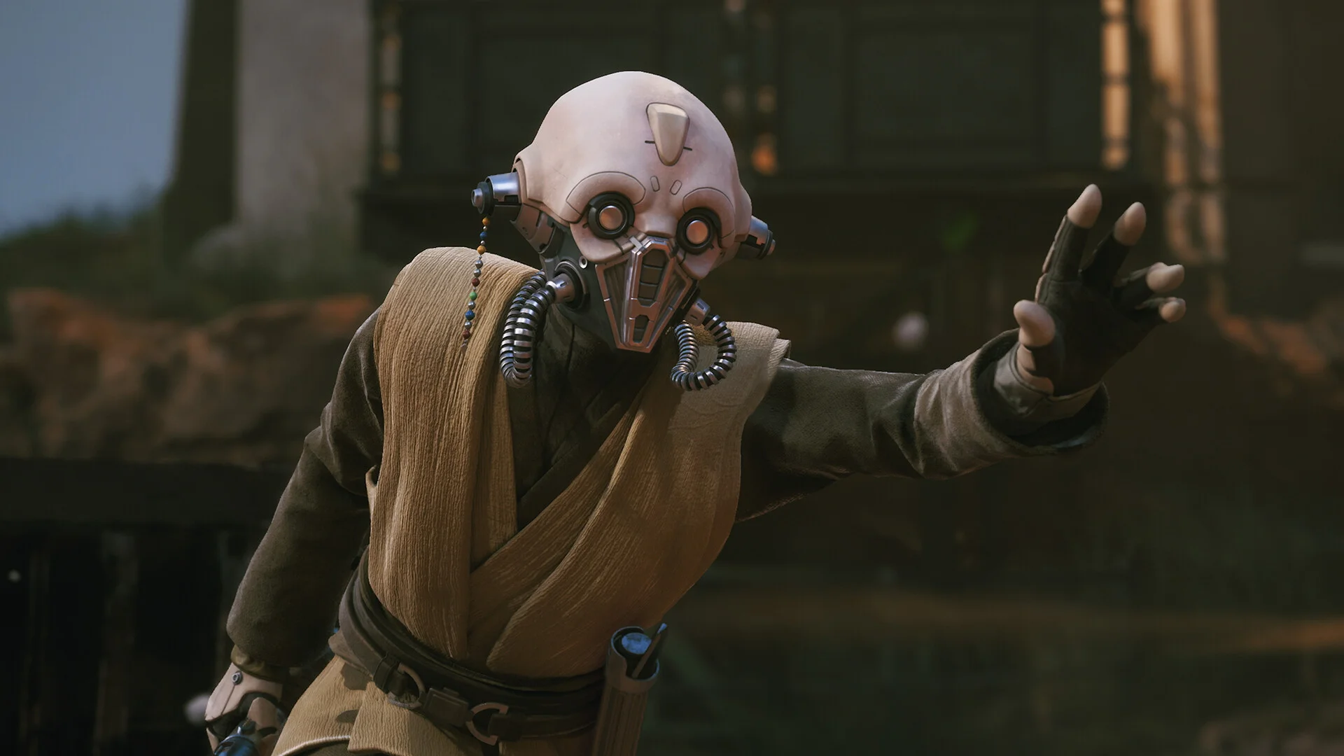 A masked figure in beige robes reaching forward with a mechanical faceplate