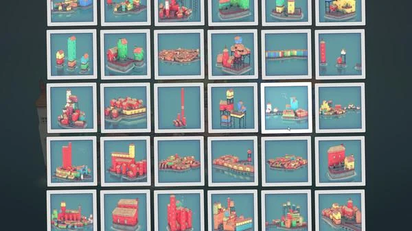 Townscaper Steam cover, ocean-side blocks becoming a small town