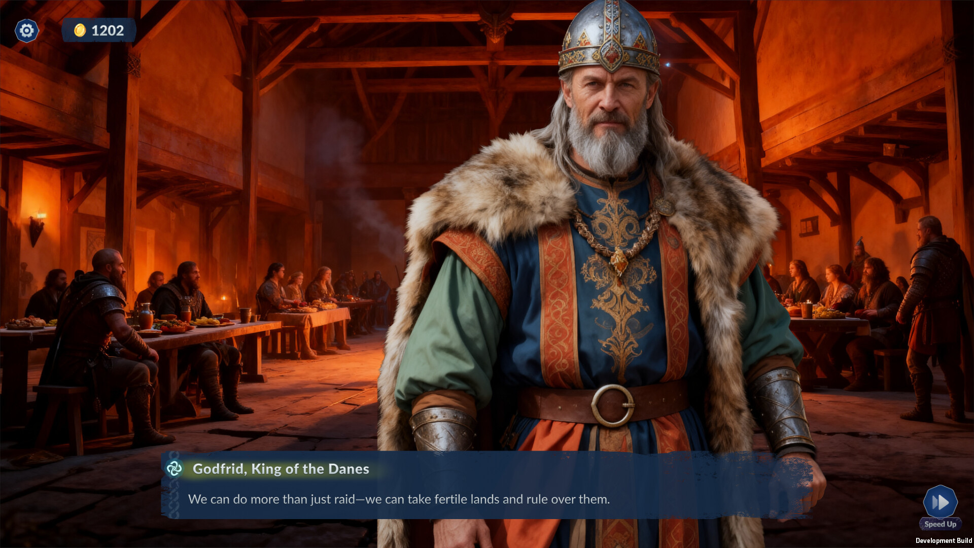 True Vikings dialogue with Godfrid, King of the Danes, in a crowded mead hall