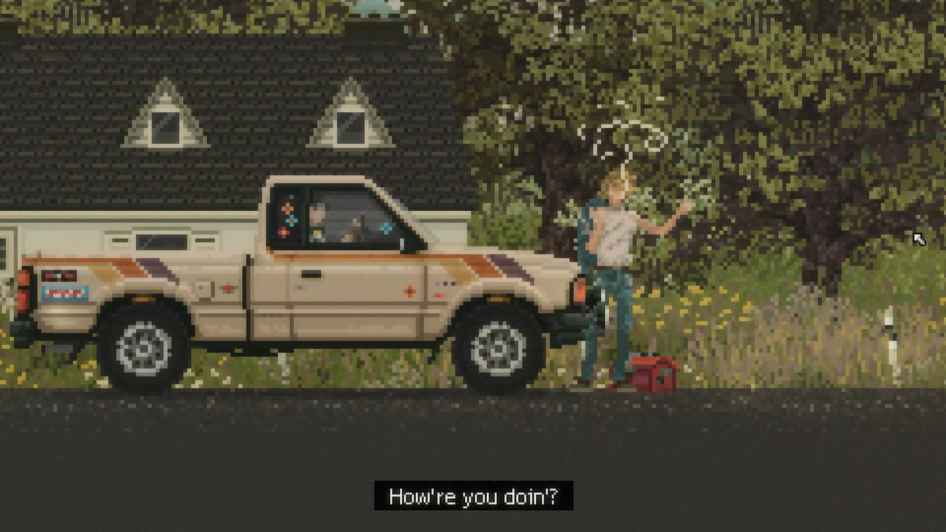Beżowy pickup przy drodze, blond autostopowicz z plecakiem macha, napis How're you doin'?, dom i drzewa