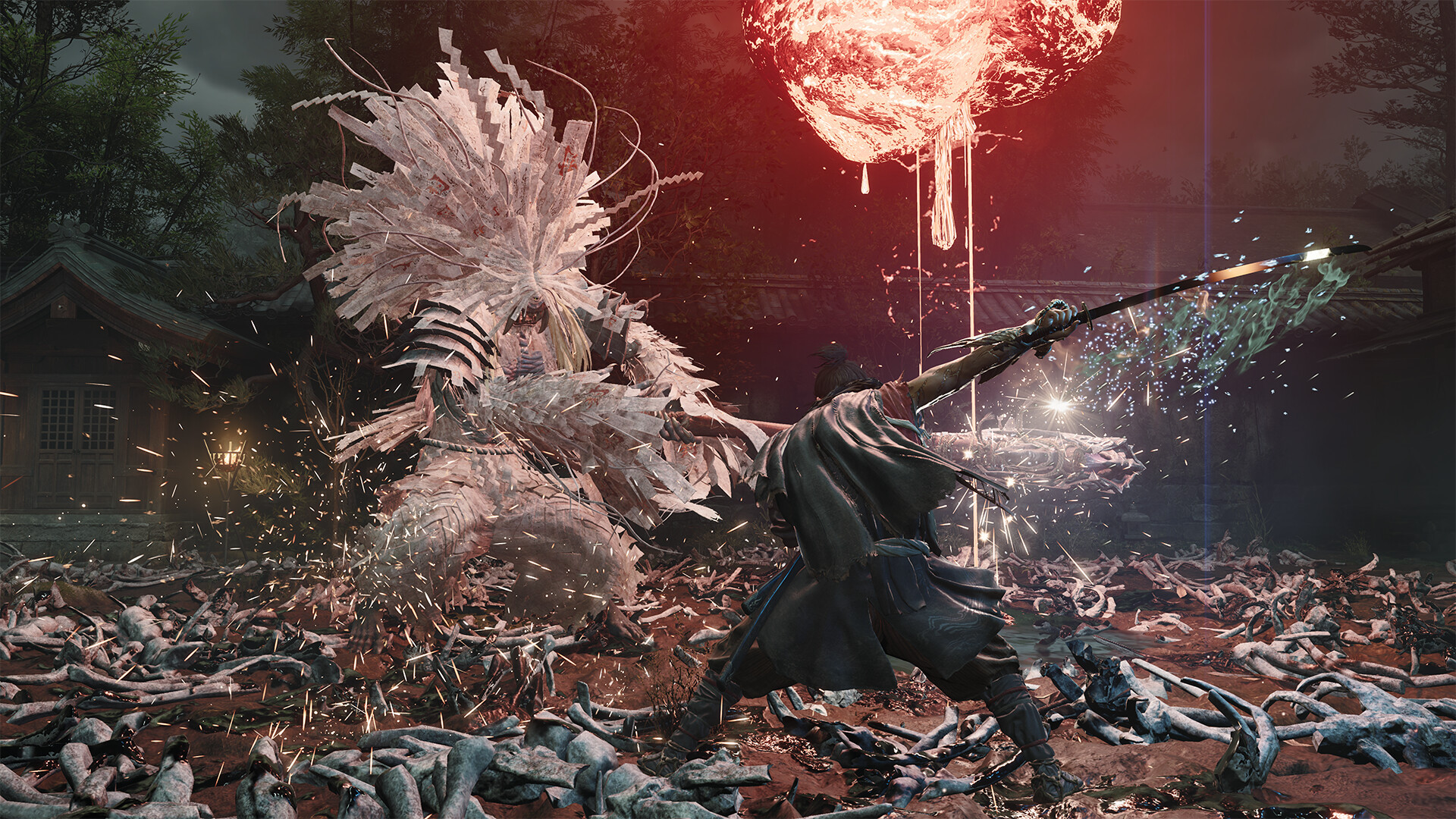 Onimusha Way of the Sword Musashi facing Genma in a torchlit courtyard