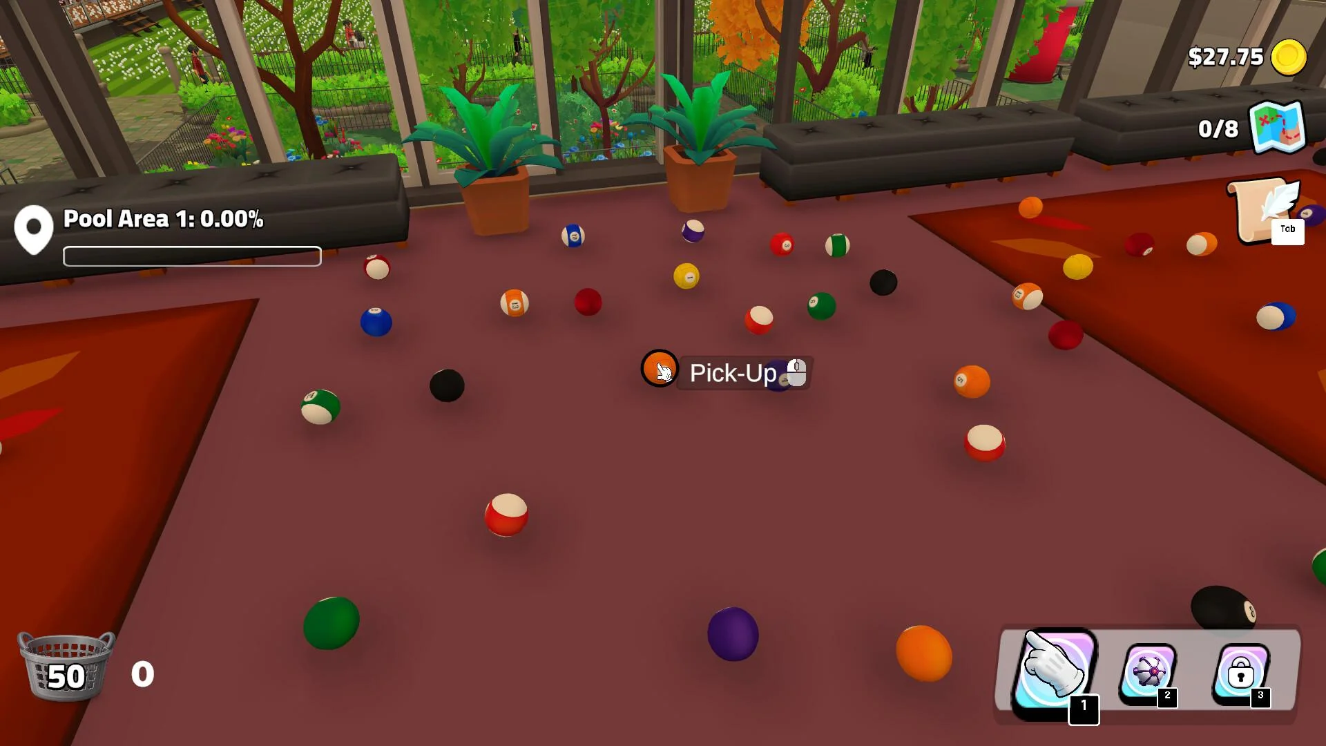 Pool Area 1 at 0.00%, colourful pool balls on a maroon carpet, Pick-Up prompt and a $27.75 coin counter