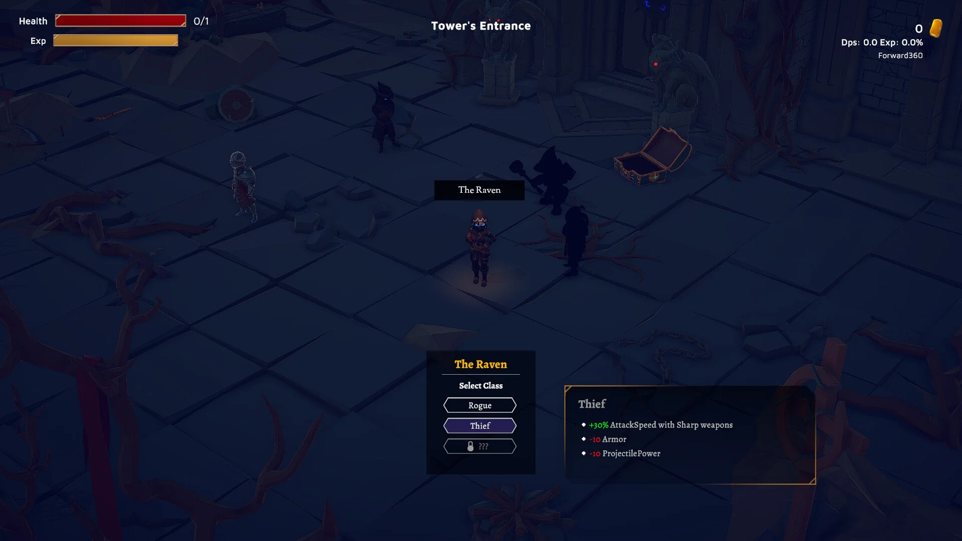 Tower’s Entrance class pick for The Raven with Thief stats on a dark stone floor
