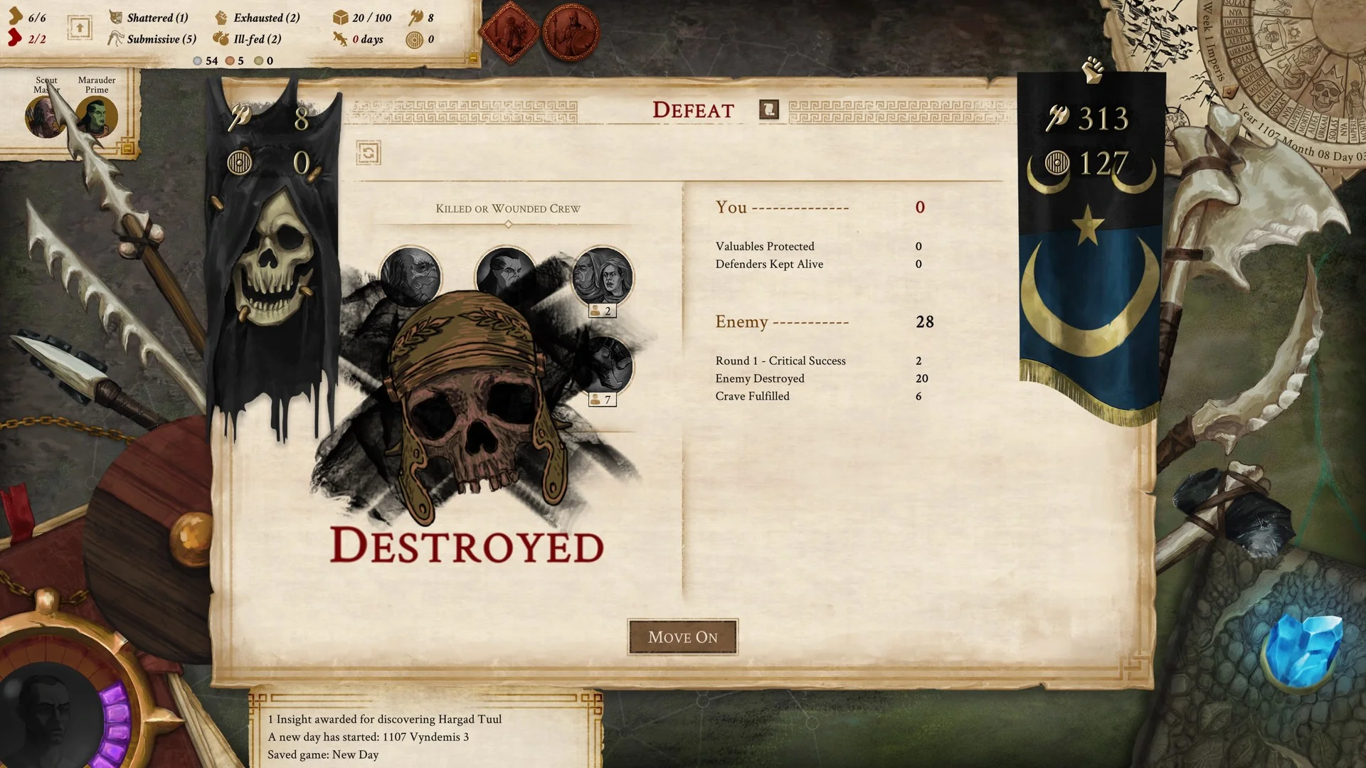 Defeat parchment marked Destroyed, skulls and banners, MOVE ON button under crew tallies