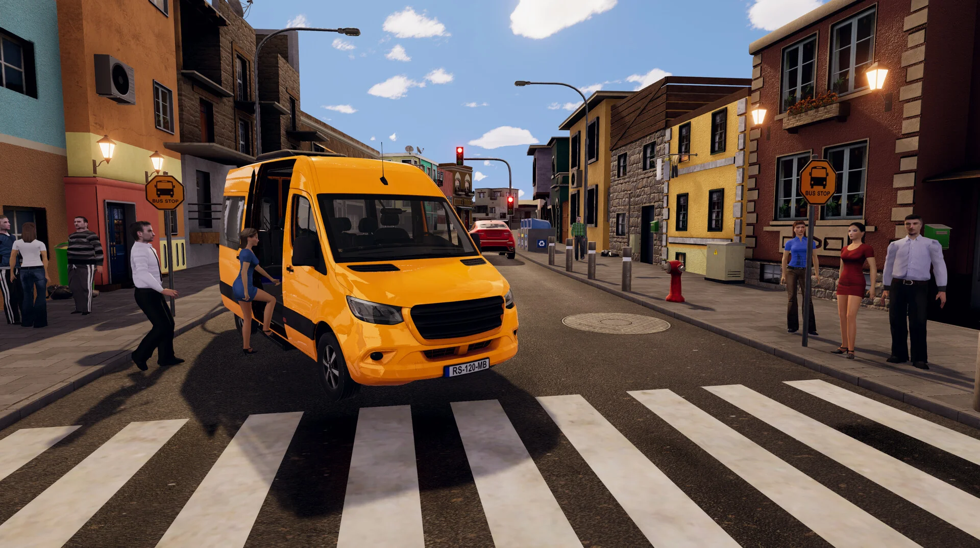 Yellow minibus on a zebra crossing with open side door, BUS STOP signs, passengers stepping to the curb