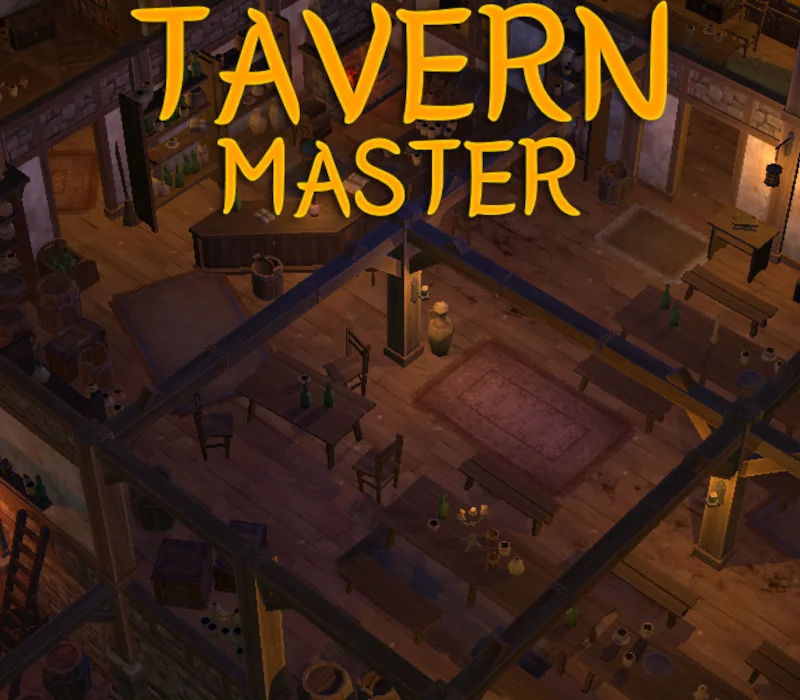 Przekrój drewnianej karczmy pod żółtym logo Tavern Master, z pustymi stołami, ławkami, zielonymi butelkami i kominkiem