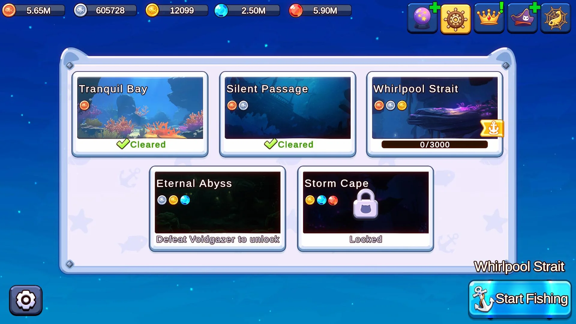 Sea selection showing five fishing areas from Tranquil Bay to Storm Cape