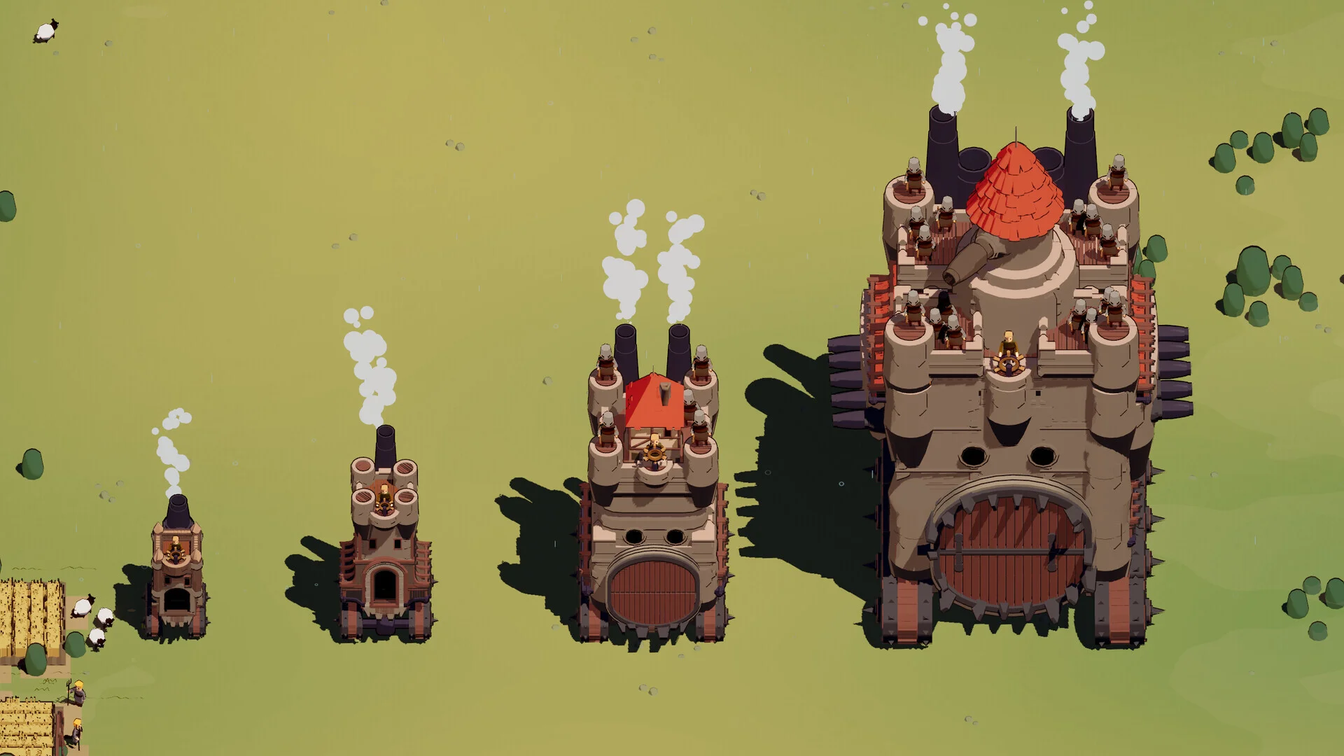 LATAM still: four growing wheeled keeps from hut to spiked fortress
