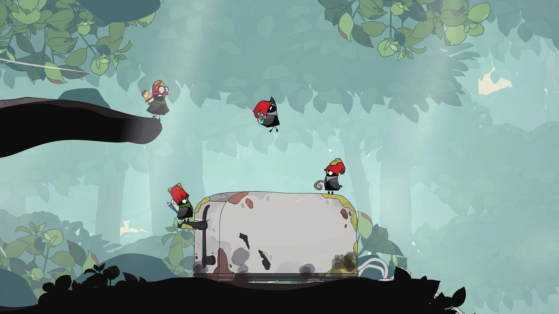 Four Merlies on a rusted toaster in a green forest, one leaping, one with a rolled map