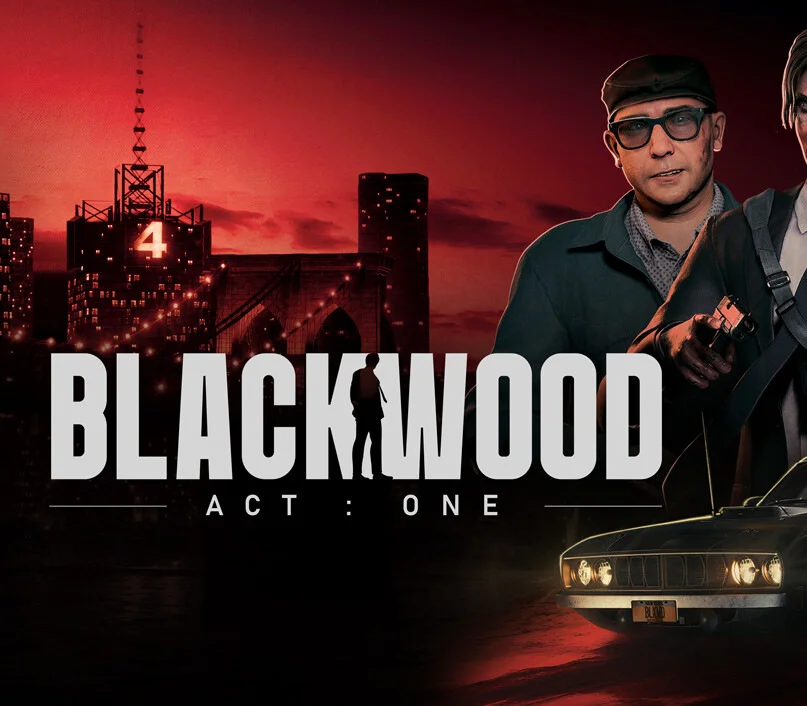 Cover: red night sky, bridge tower marked 4, BLACKWOOD ACT ONEEPPE type, beret and glasses, pistol, sedan nose