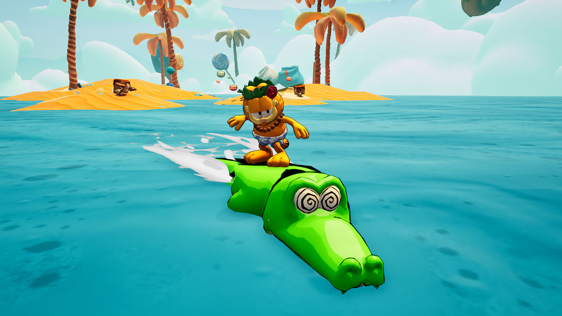 Garfield in surfer costume riding a crocodile across tropical water in Garfield - Escape from Monday