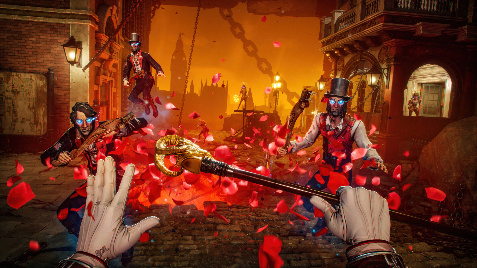 Magicians: The Devil's Deal street fight with a ram-headed cane against top-hatted enemies under a hell-orange London sky