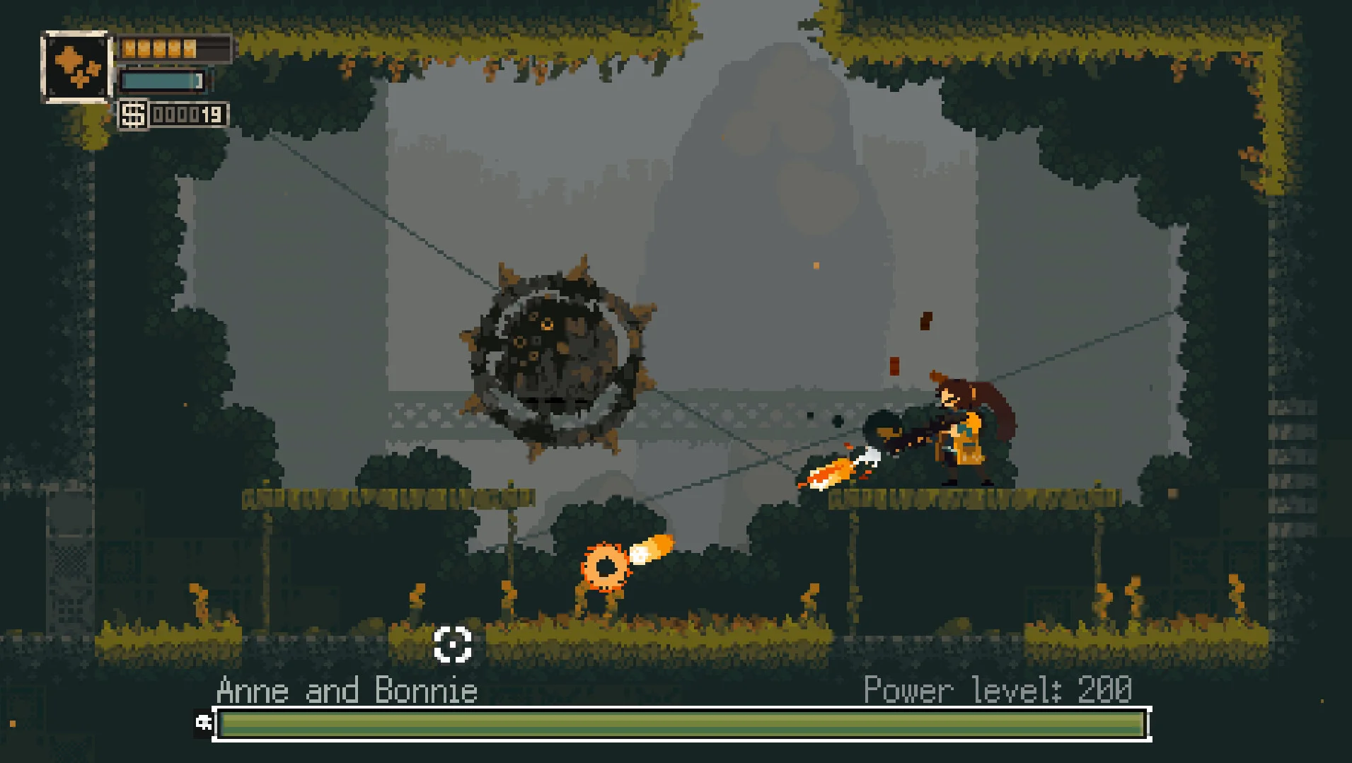 Anne and Bonnie bar, spiked wheel in a mossy pit, pixel girl firing an orange shot, Power level 200 and $000019