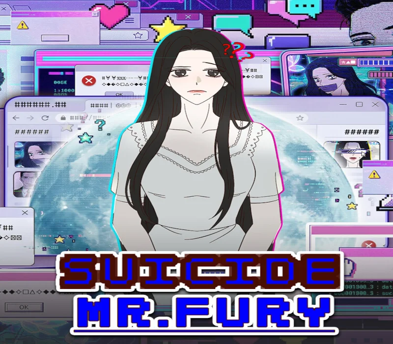 Kobieta o długich włosach w białej sukience wśród zglitchowanych okien komputera pod brandingiem SUICIDE MR.FURY