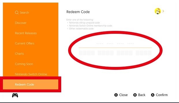 Nintendo Switch Redeem Code screen