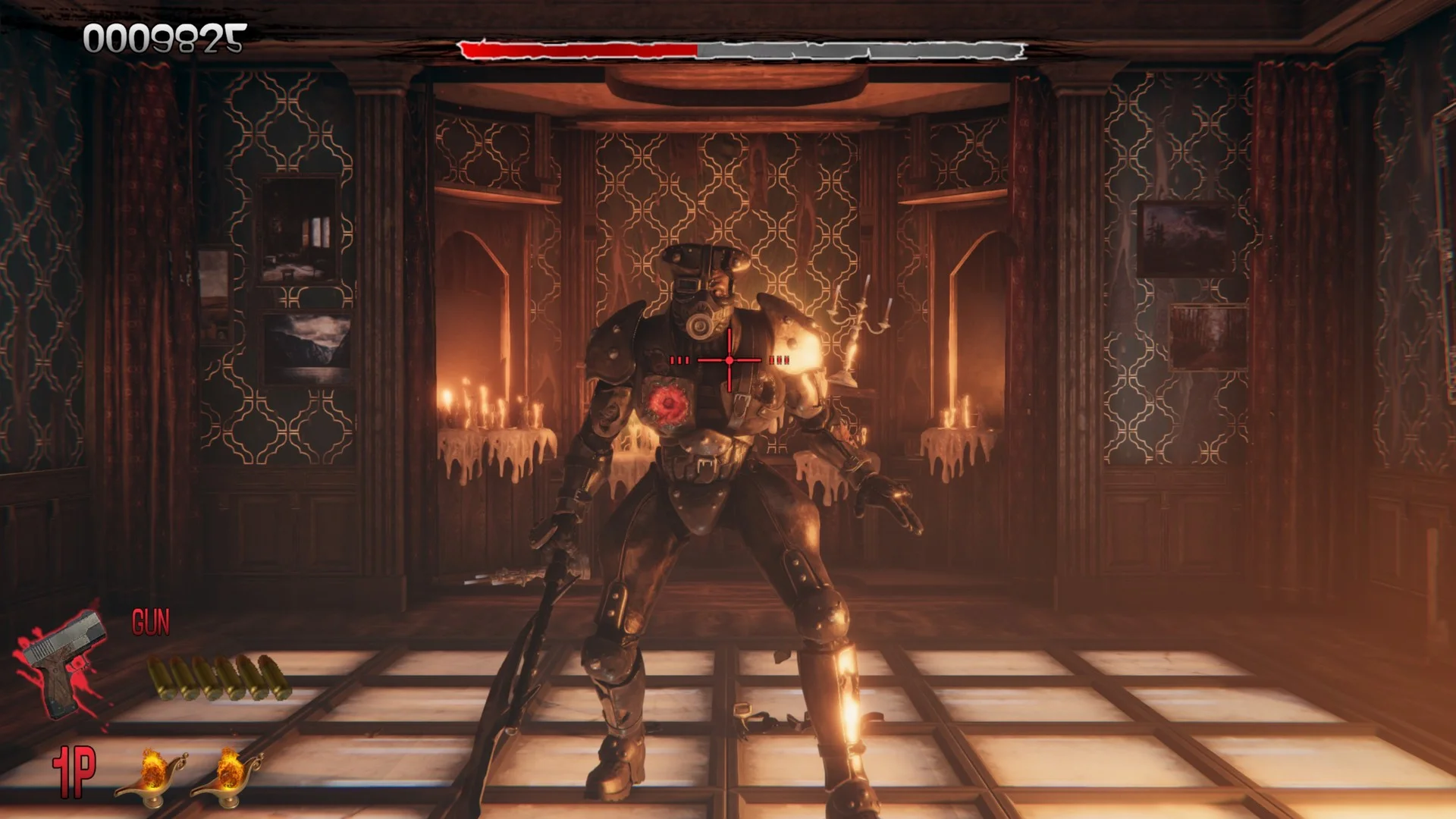 Two players facing a creature in a red hall.