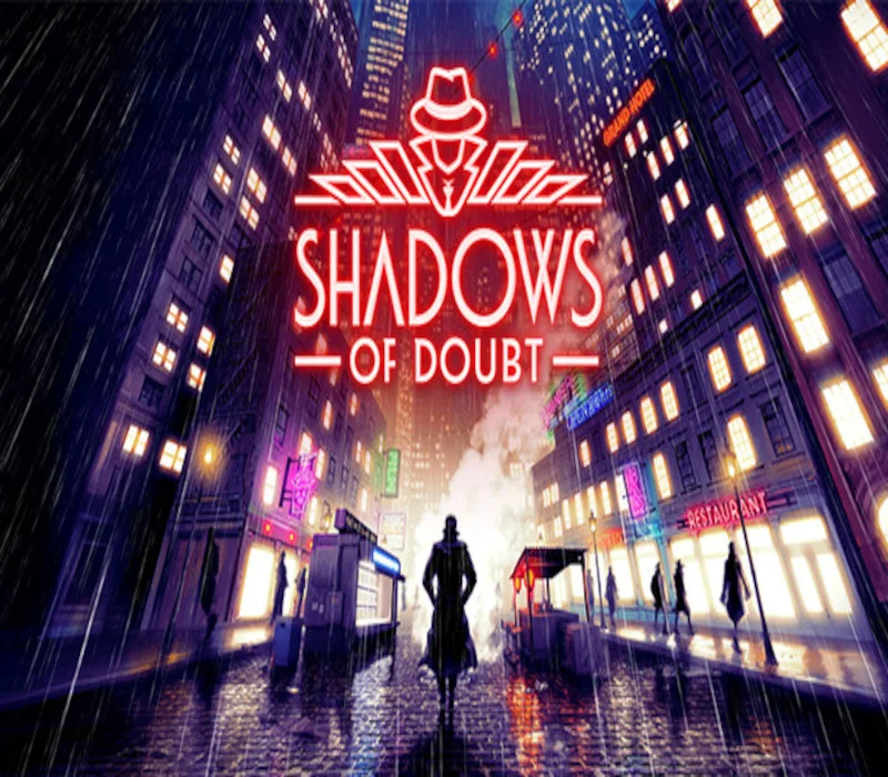 Neon red SHADOWS OF DOUBT title with fedora silhouette over a raincoat figure on a rain-slick noir street between lit towers