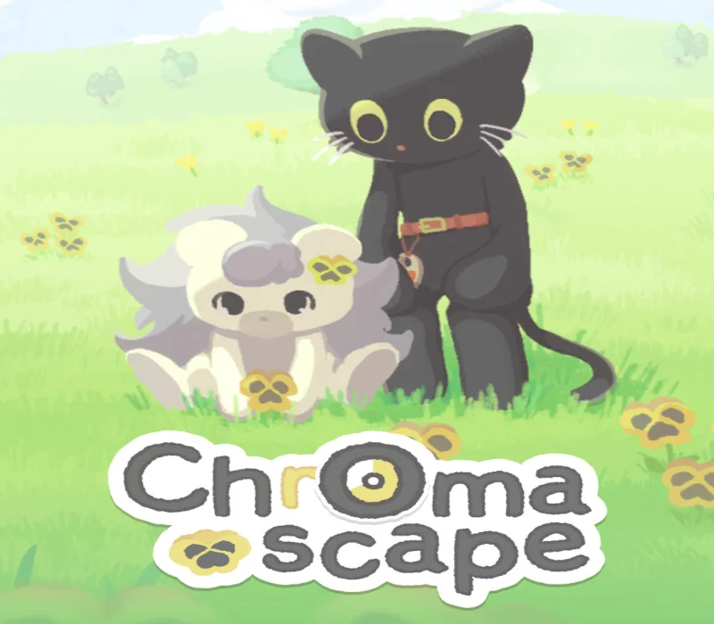 Kremowe stworzenie z bratkiem i czarny kot z wisiorkiem serca na zielonej łące pod brandingiem Chromascape