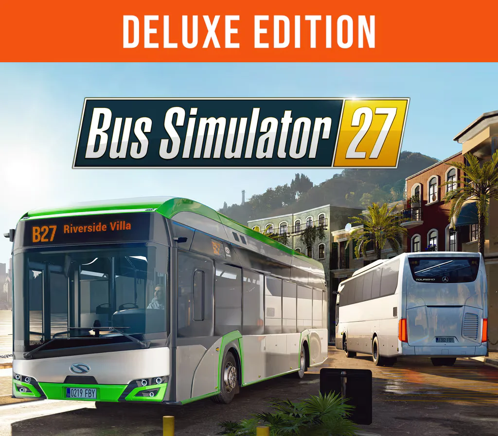 Bus Simulator 27 Deluxe Edition cover: a green-and-silver B27 bus beside a white coach