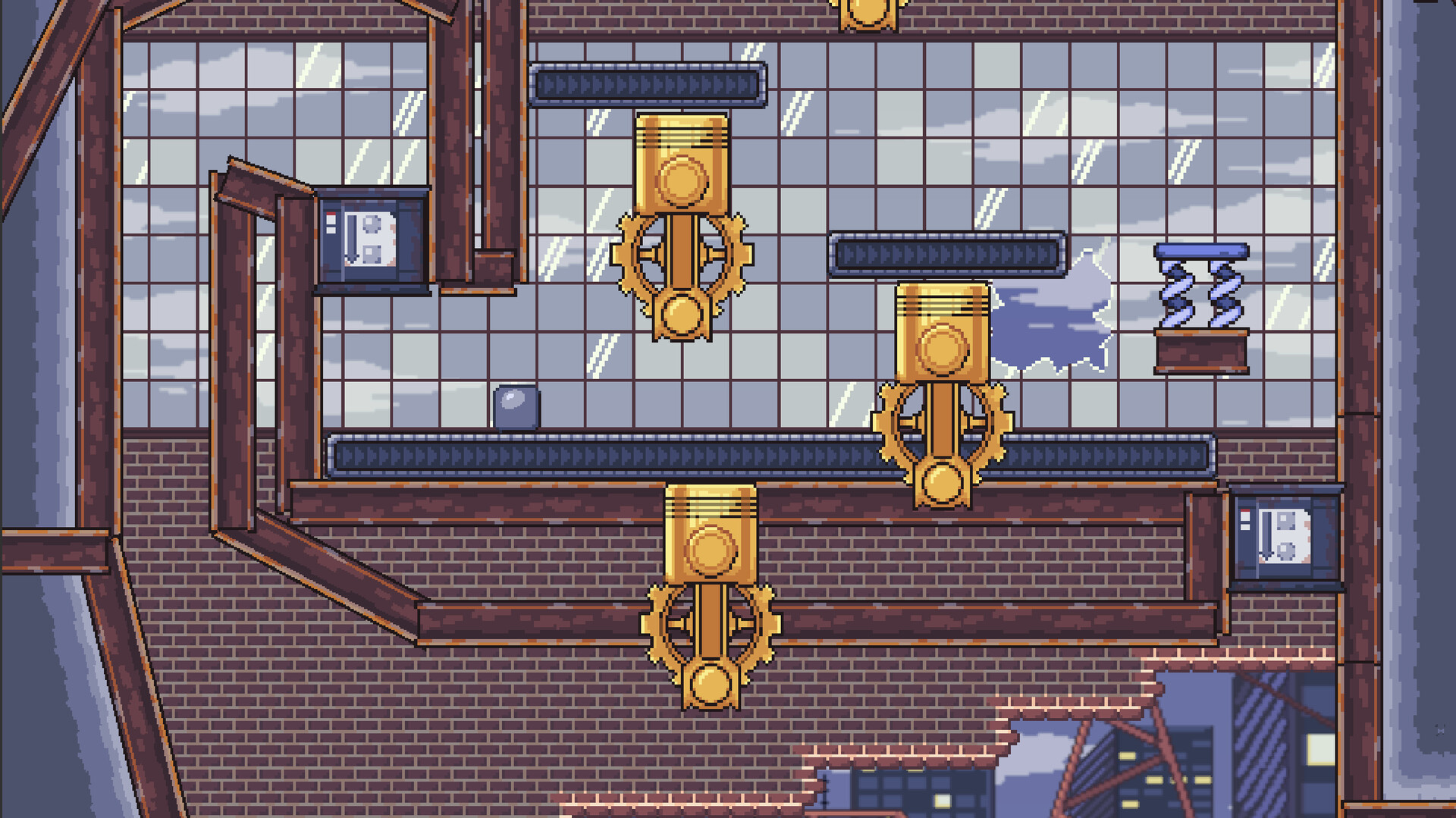 Fallosophy factory room with gold pistons, gears, a conveyor belt, and the silver ball on a dark brick platform