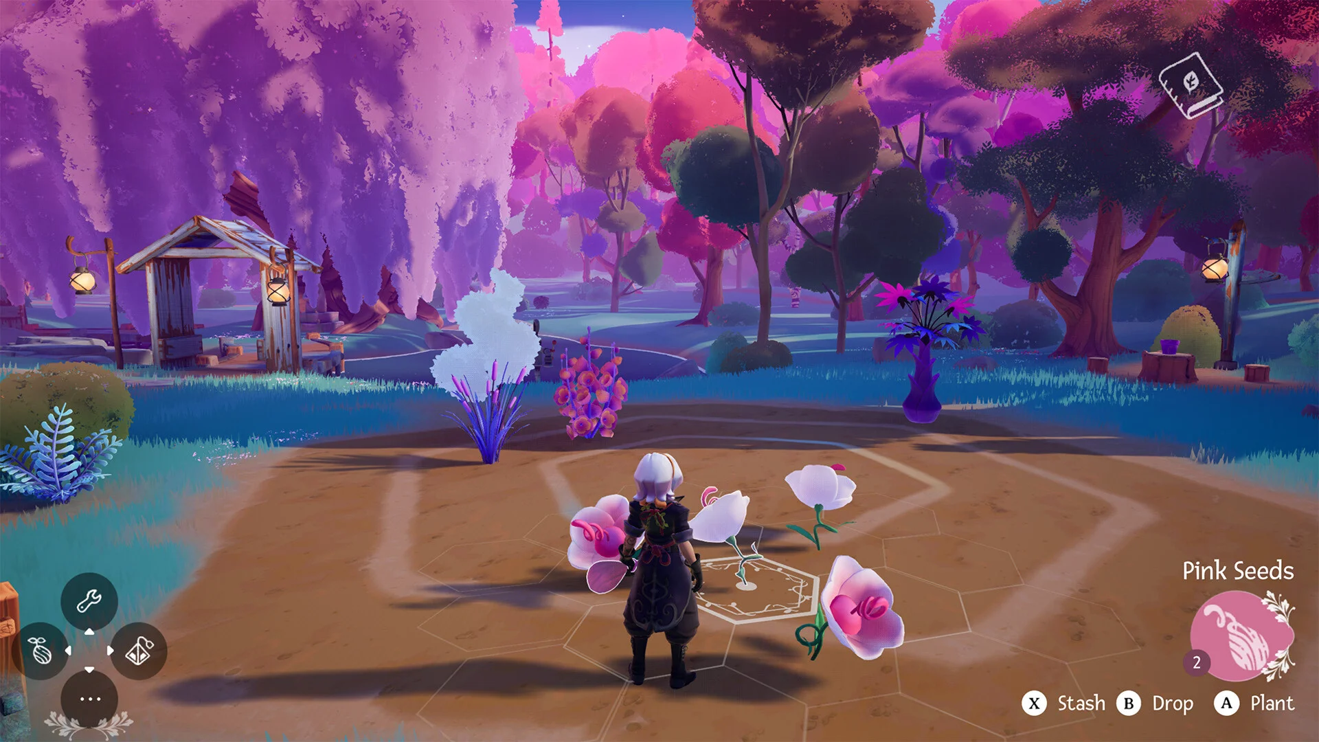 Alta plants pink seeds in hexagonal garden plots under purple forest trees, HUD showing Pink Seeds and A Plant