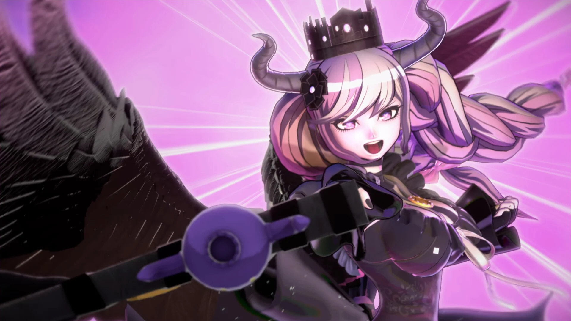 Shinigami with horns, black wings and a small crown pointing a staff on a magenta burst