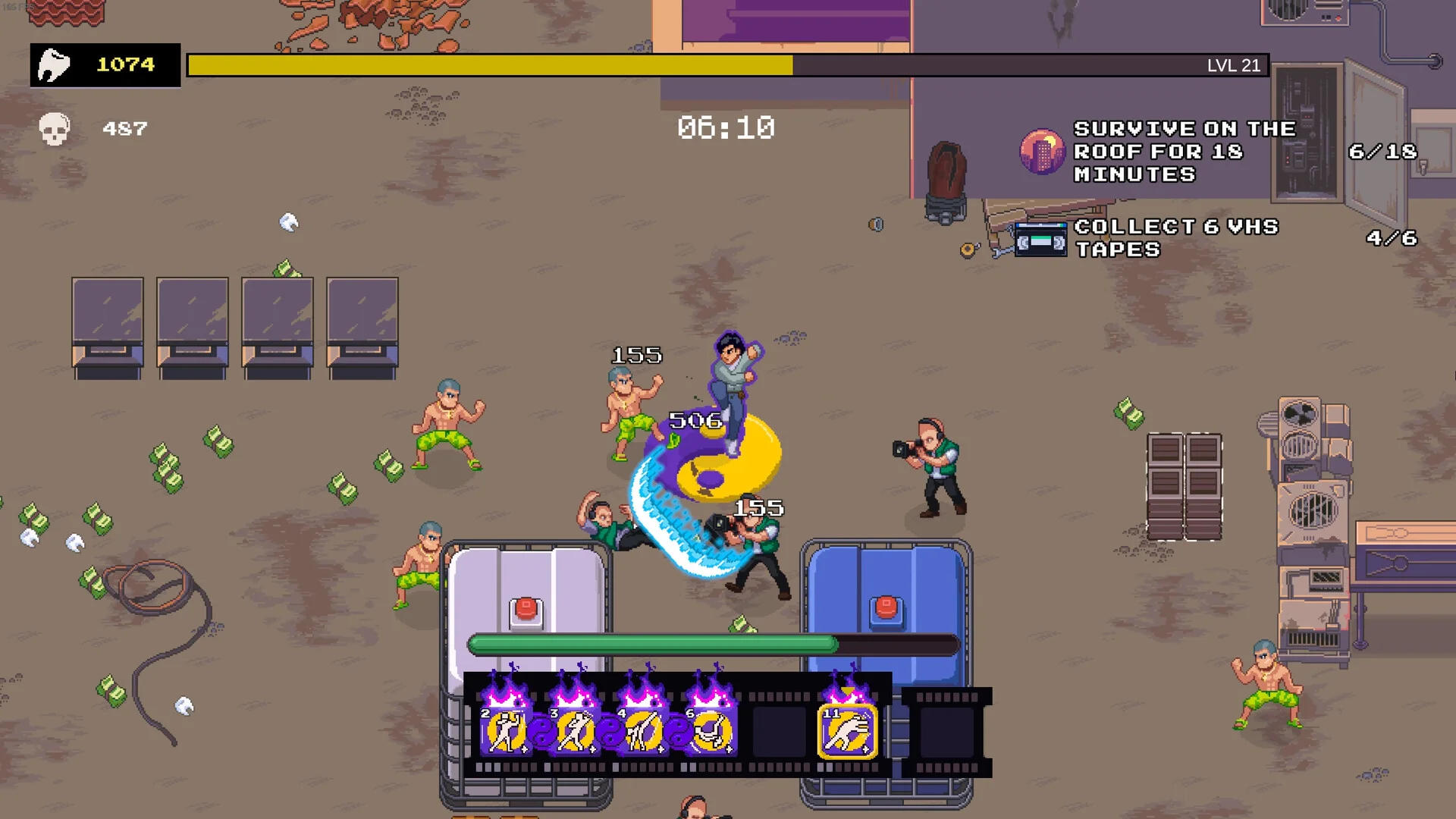 A yard fight between blue and yellow tanks with Collect 6 VHS tapes on the HUD