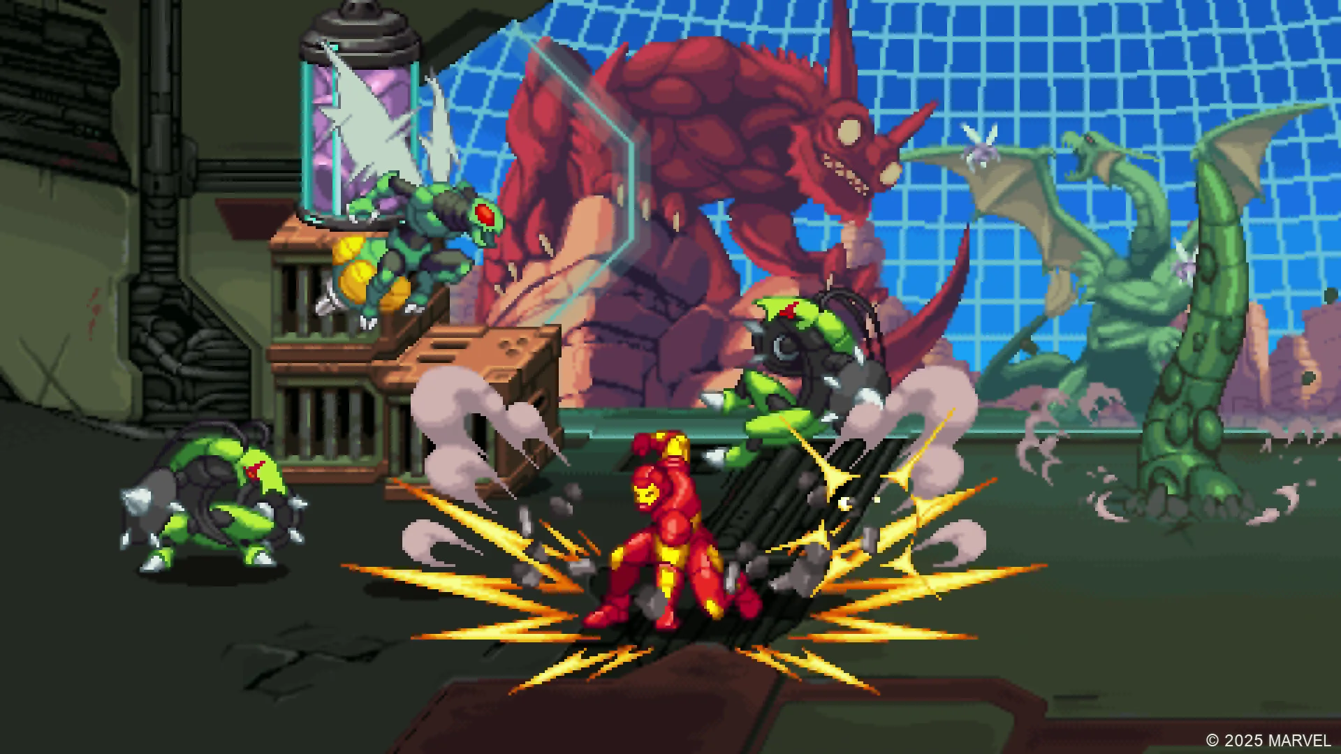 Iron Man slamming the ground in a lab while a green winged insect villain bursts a glass tank