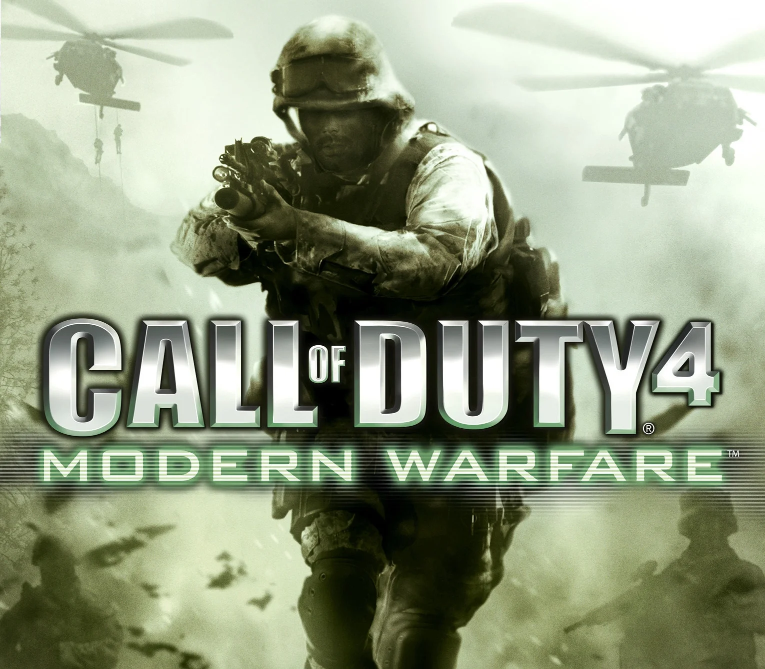 Box art: charging infantryman with rifle, twin helicopters in olive haze, Call of Duty 4 Modern Warfare logo