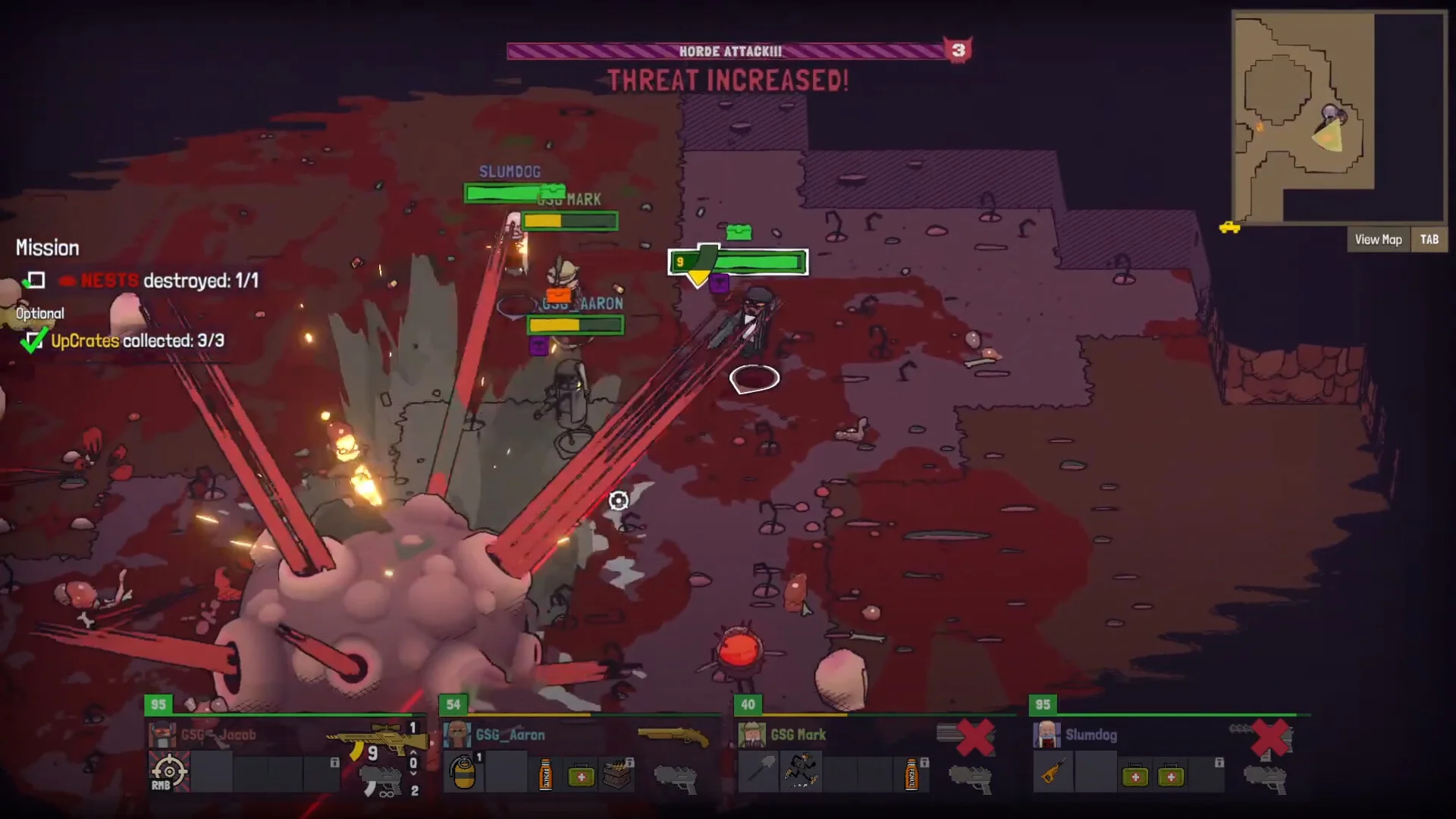 HORDE ATTACK THREAT INCREASED: four squad bars, red tentacle nest, NESTS destroyed 1/1