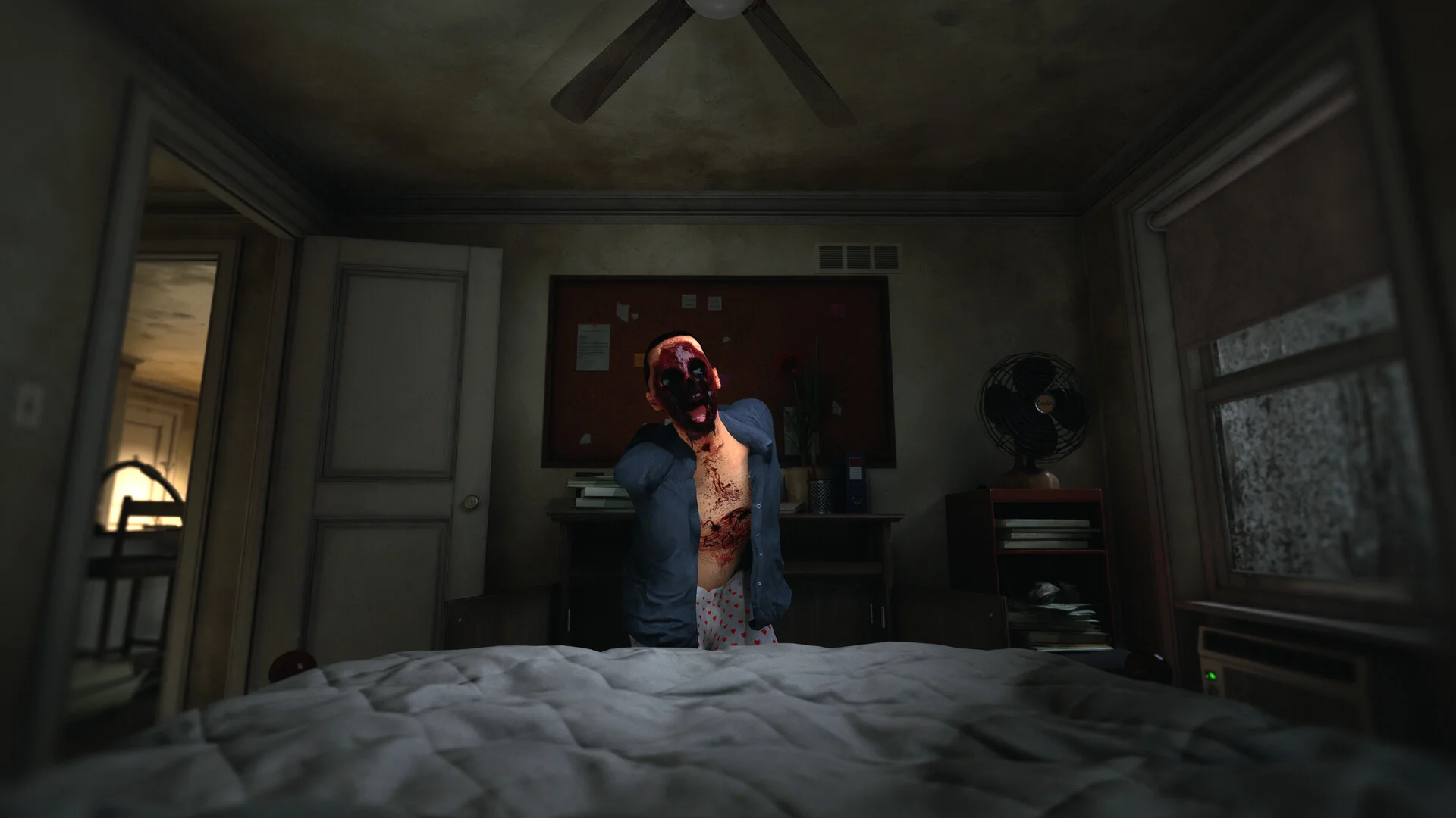 Bedroom view from a white duvet: shirtless man in an open blue shirt with a bloody face standing at the foot of the bed