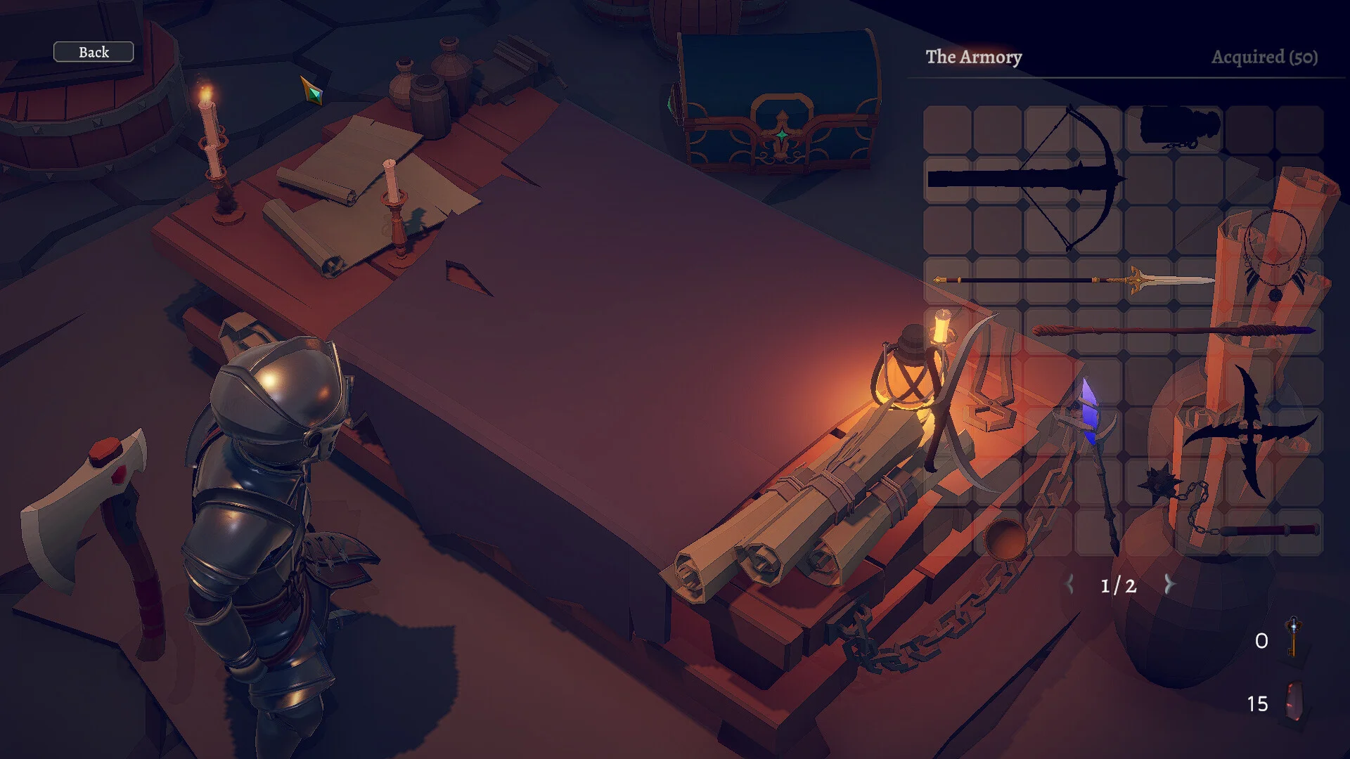 The Armory: a knight at a candlelit table with bows, axes and throwing stars on a grid