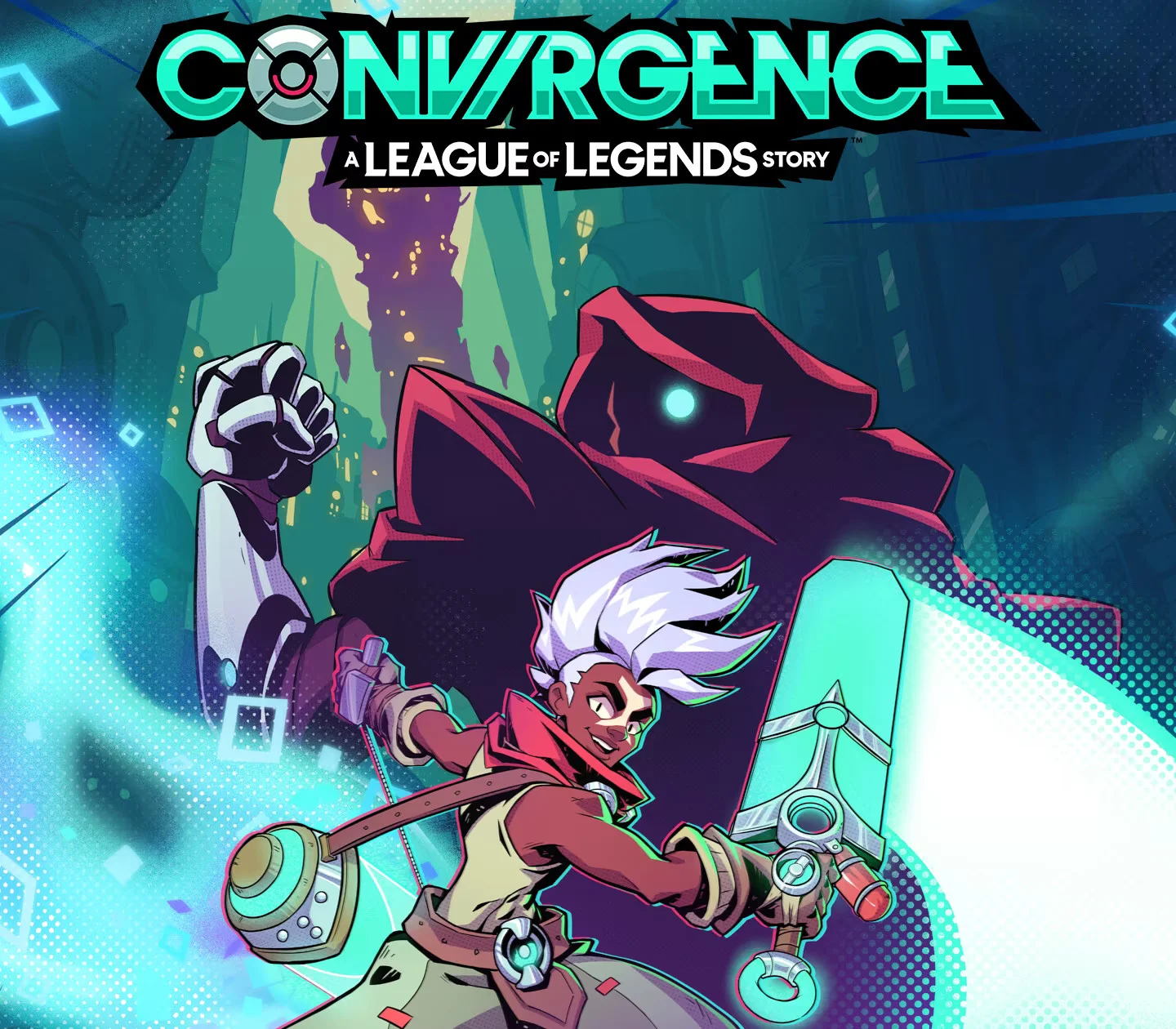 Convergence cover of a white-haired inventor in a red coat with a time device