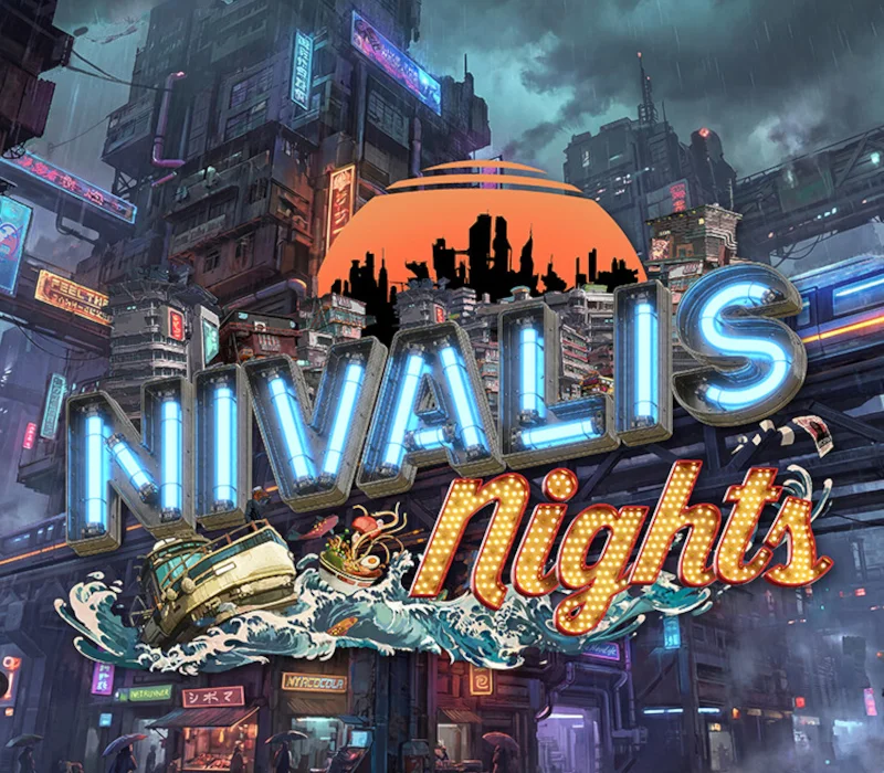 Nivalis Nights logo over a rain-soaked neon city with a boat and noodle bowl riding a stylised wave
