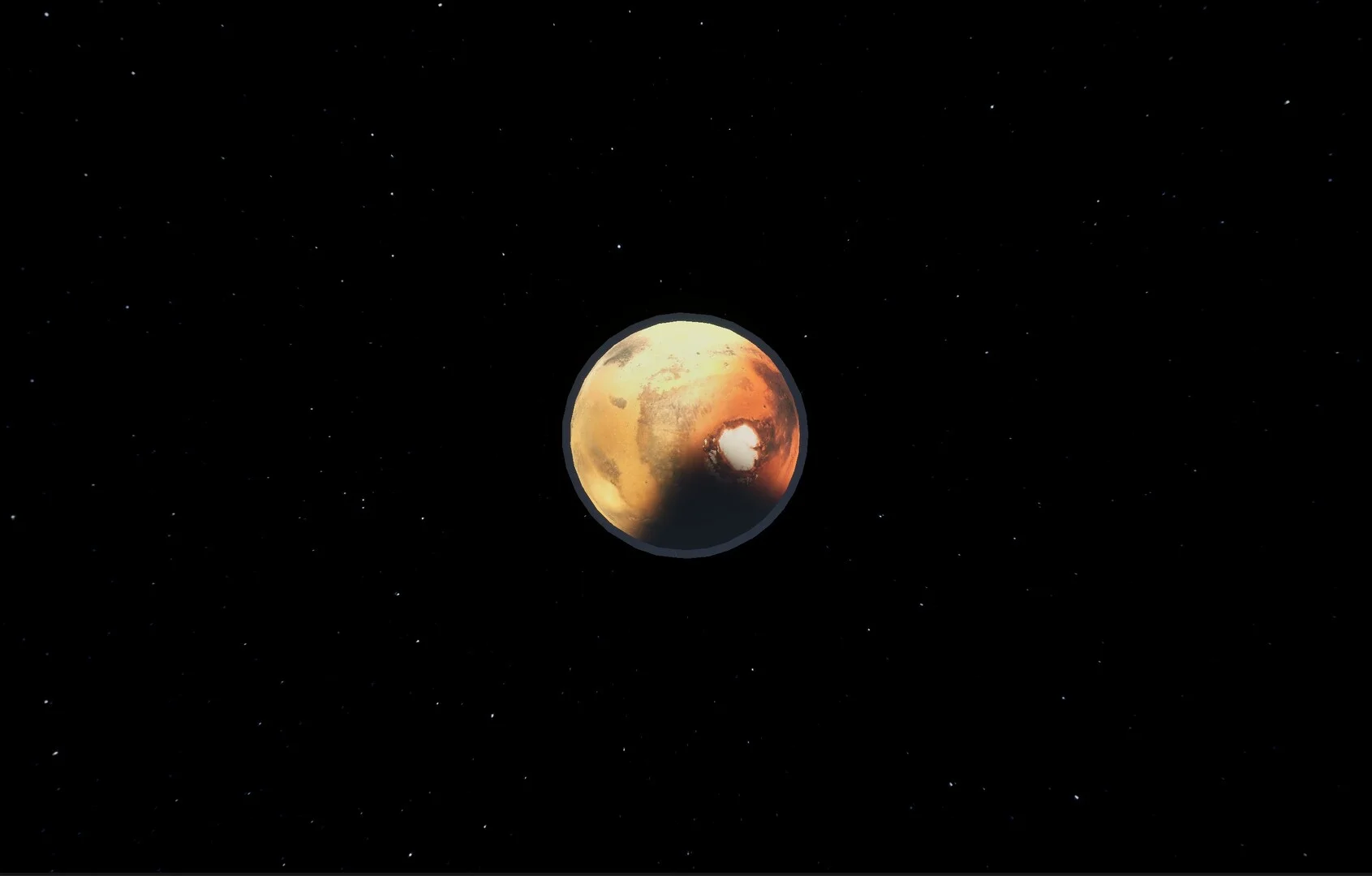 Rusty orange sphere with a bright white polar cap and a dark terminator, centered in a star field