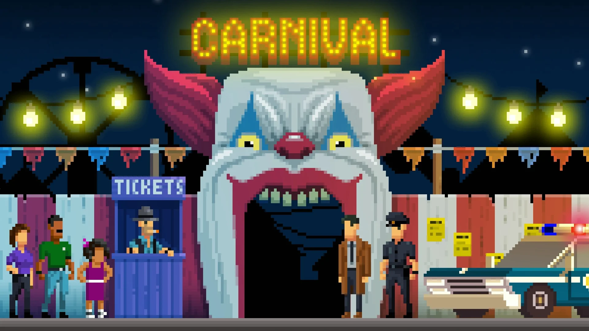 Brama CARNNIVAL w kształcie ust klauna, budka TICKETE'S, krótka kolejka, płaszcz, policjant i niebieski radiowóz