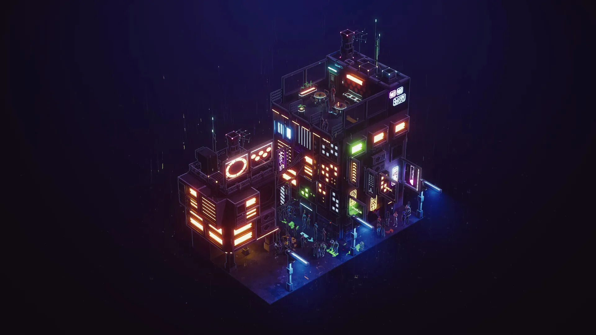 Midnight Moments neon signs on wet apartment blocks