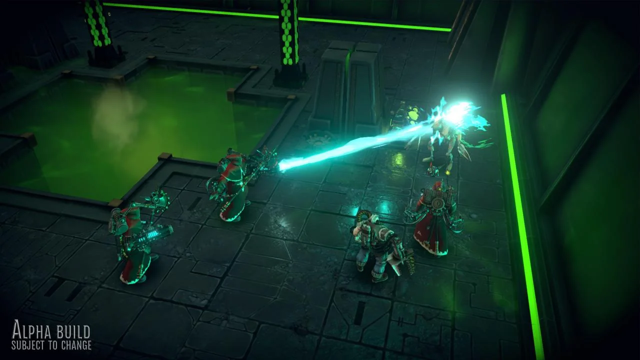 Four Tech-Priests blasting a Necron through green vapor beside toxic pools