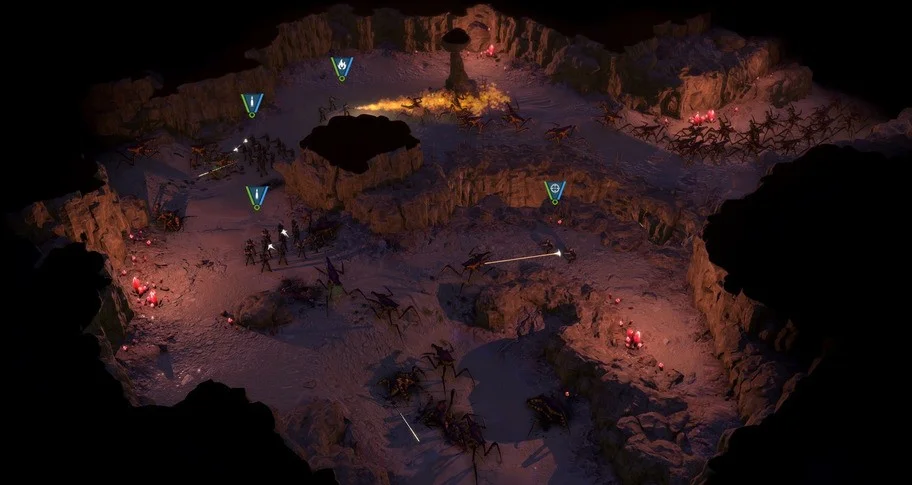 Overhead canyon with blue unit markers as troopers hold rock shelves against Arachnid clusters around a dark pit