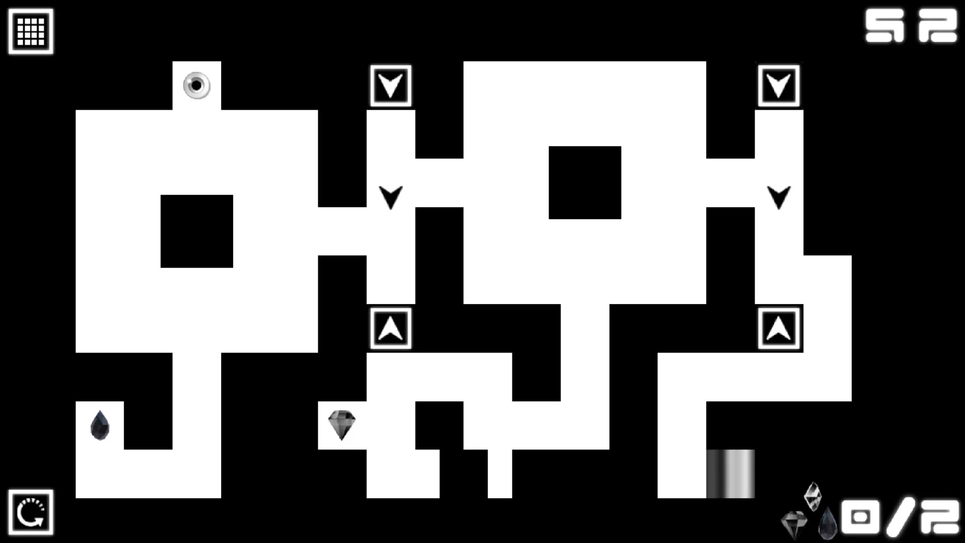 A white maze with arrow traps, an eye at the top left, and timer 52