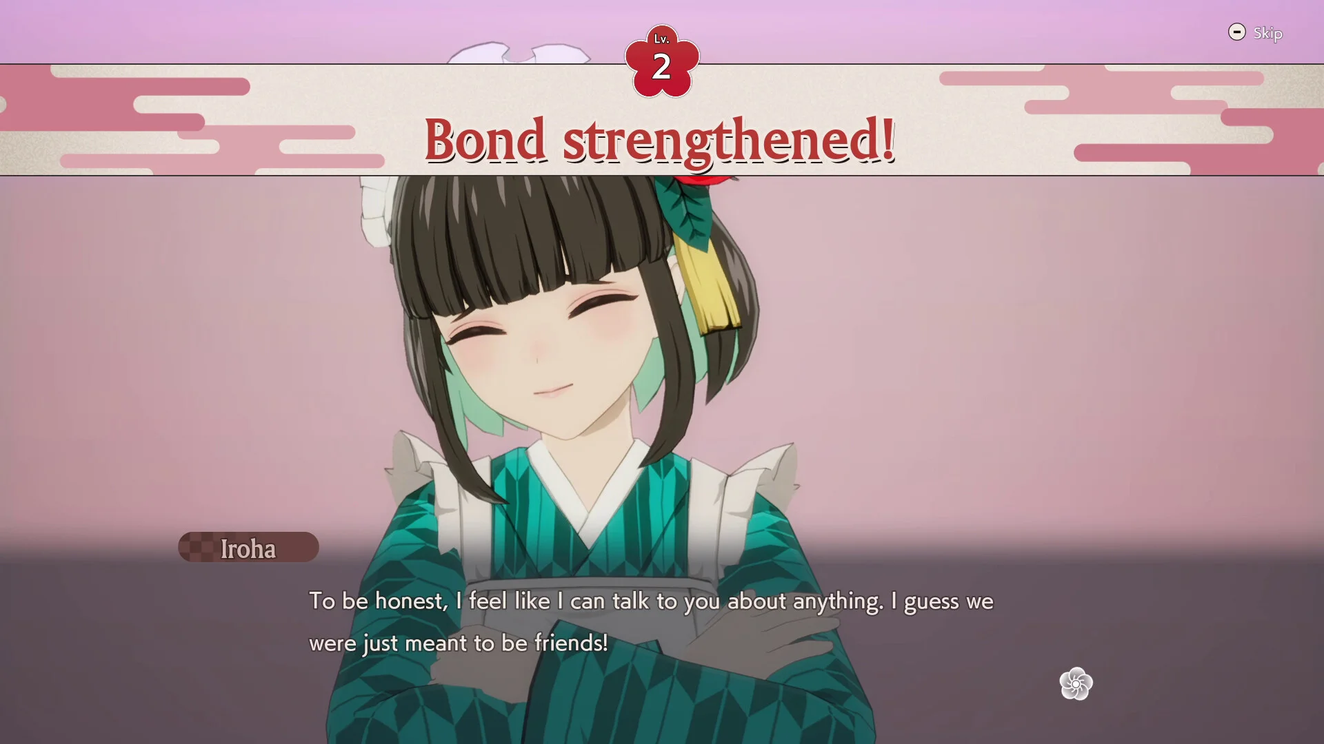 Irohaea in a green kimono smiling under a Bond strengthened banner, dialogue about becoming friends