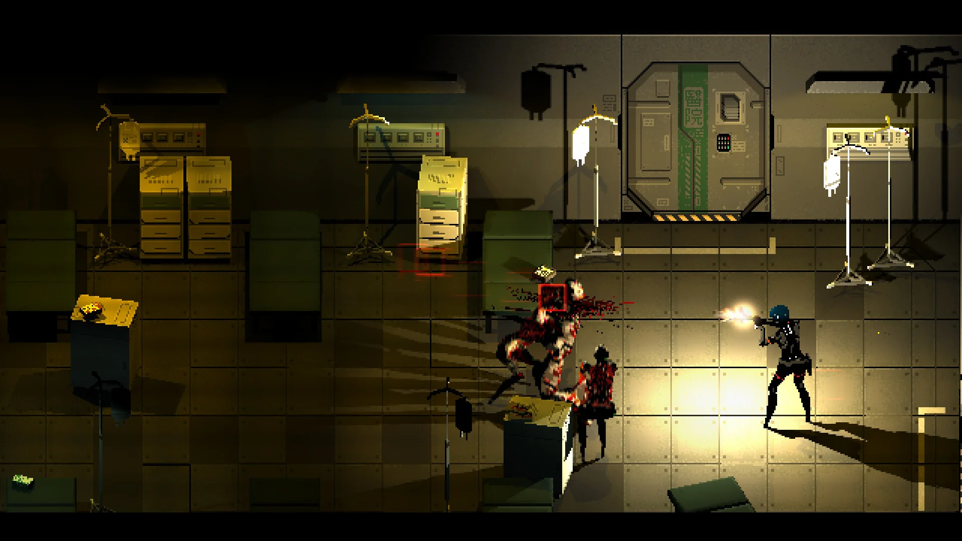 Top-down hospital room where Elster fires at a crawling creature beside cabinets and IV stands