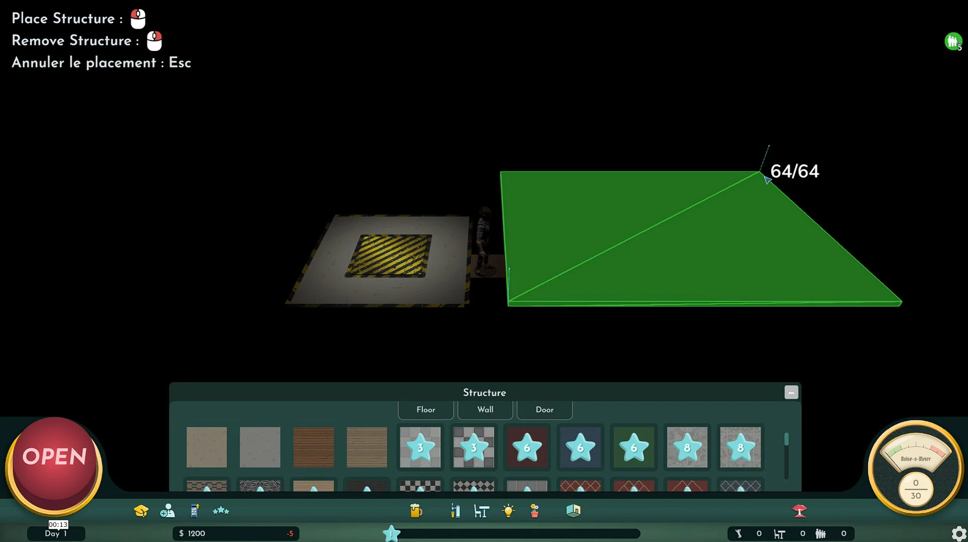 Sparse speakeasy floor plan with venue-building controls