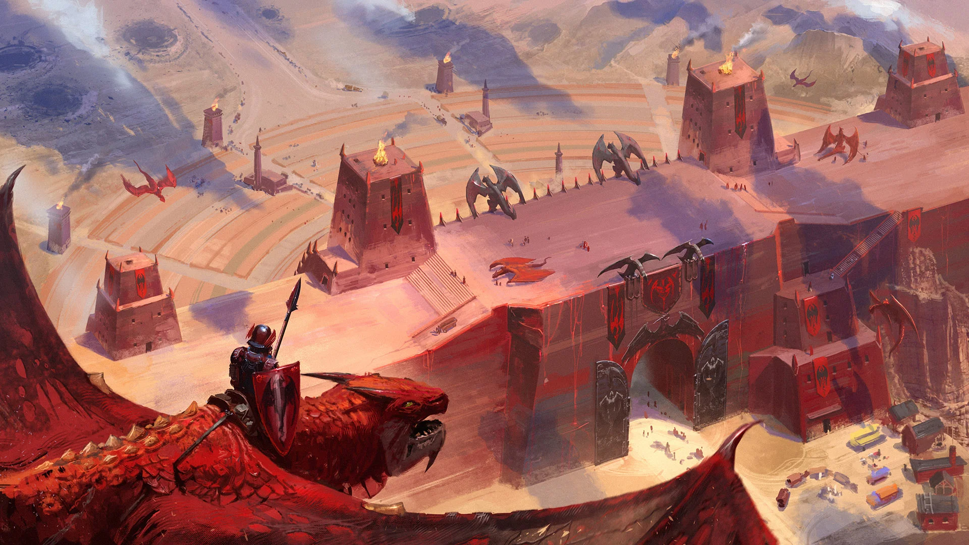 Rider with a red shield on a red winged beast flying toward a red fortress with black banners