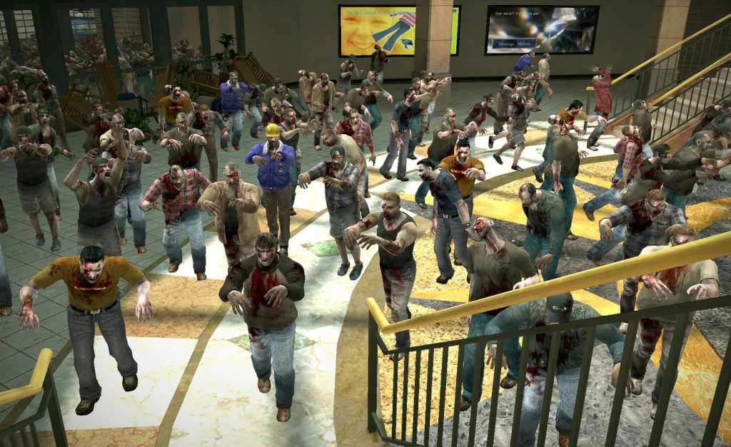 Mall plaza horde on yellow stairs beside a child-face billboard and storefront signs